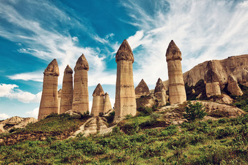 Unique geological formations in Love Valley in Cappadocia, popular travel destination in Turkey - 223812680