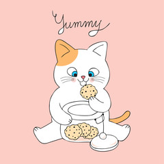 Cartoon cute cat eating cookies vector.