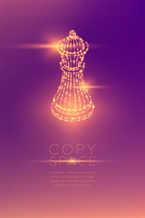 Chess King isometric wireframe polygon futuristic bokeh light frame structure and lens flare, Business strategy concept design illustration isolated on purple gradient background with copy space