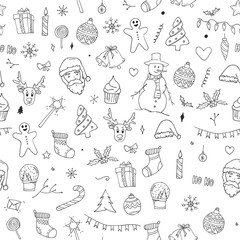 Seamless Pattern of Christmas Doodles Sketch