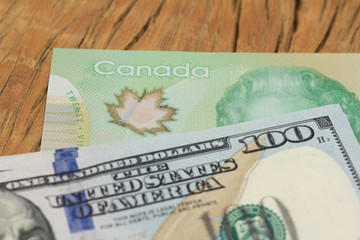 Canadian Dollars and North American currency. Close up of cash bills on rustic wood table.