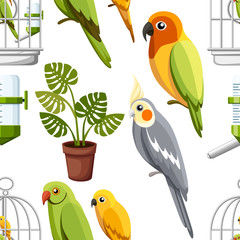 Obraz premium Seamless pattern. Cage with birds, water drinker and flower pot. Cartoon style icons. Flat vector illustration on white background