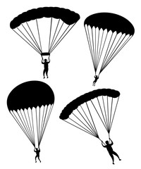 Black silhouette. Parachutist in flight. Set of skydivers. Flat vector illustration isolated on white background