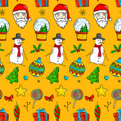 Seamless Christmas Pattern - Santa Claus, Snow man, Snow Globe, Star, Bauble, Gift on Orange Background