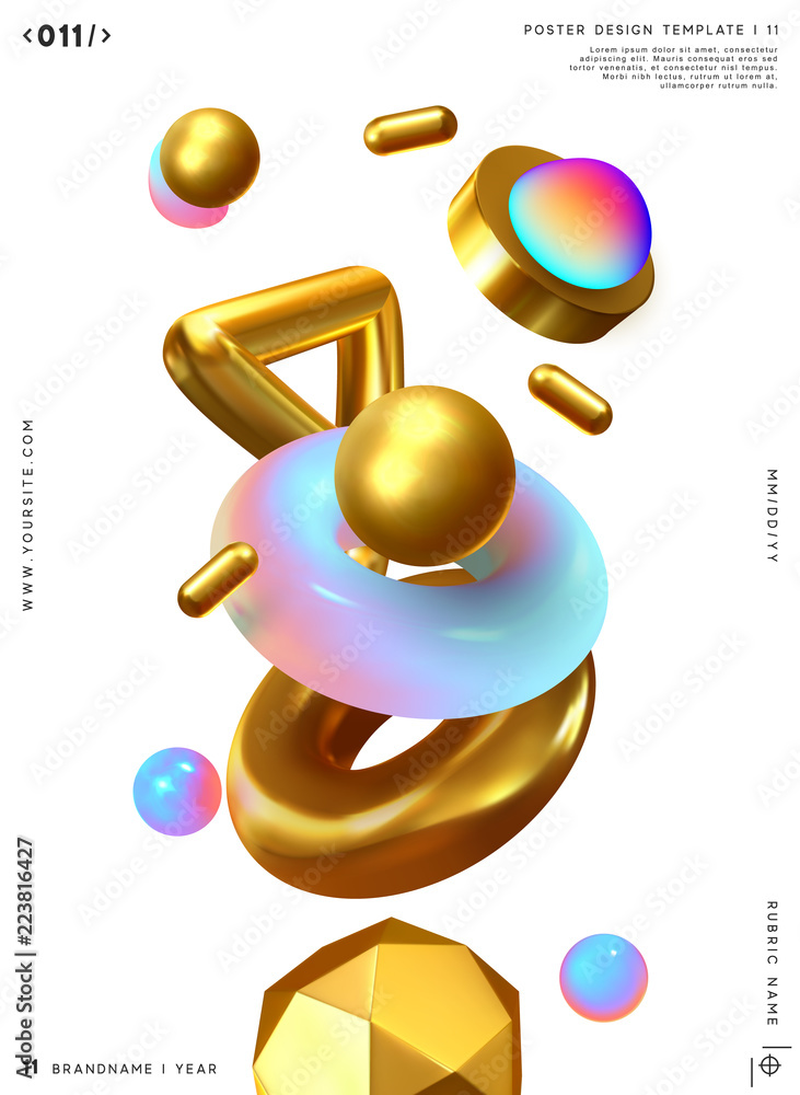 Poster 3d shape vector minimal poster. abstract background with golden geometric elements.