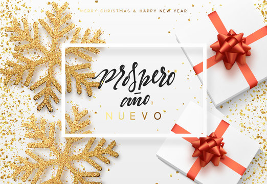 Christmas background with gifts box and shining snowflakes. Spanish text Prospero ano Nuevo