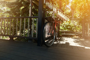 Old Bicycle on wooden floor. vintage house and nature background.