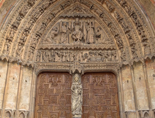 The tympanum and the statue of La Virgen Blanca (replica) in the Last Judgement portal of the Santa...
