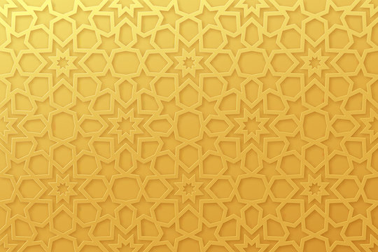 Arabic pattern background. Islamic gold ornament vector. Geometric 3d shape. Texture arabian traditional motif