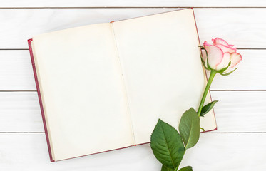 Opened blank book with pink rose on white wooden table. Top view. Space for text.