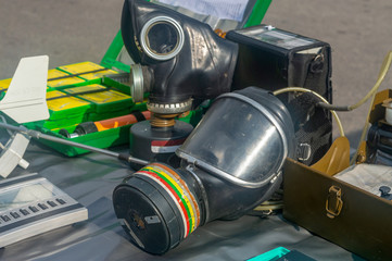 gas mask. a set of individual protection means on the table
