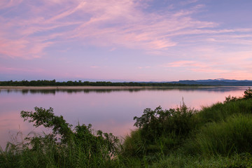 Atmosphere sunrise at the Mekong river is bordered by Thailand and Laos