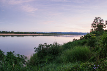 Atmosphere sunrise at the Mekong river is bordered by Thailand and Laos