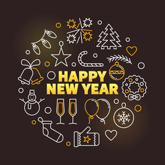 Happy New Year colored circular line vector illustration
