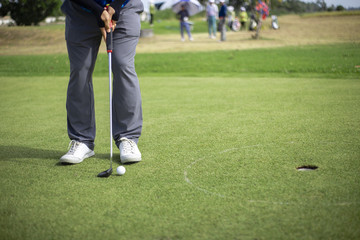 Golfer putting golf ball approach to the golf hole on the green golf