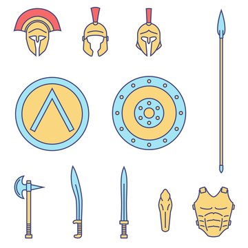 Set of ancient greek spartan weapon and protective equipment. Spear, sword, xyphos, shield, axe, helmet, leggins. Warrior outfit Vector illustration