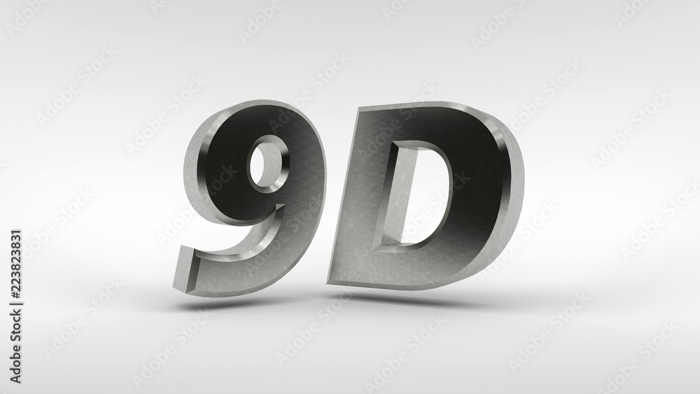 Poster metal 9d logo isolated on white background with reflection effect. 3d rendering.