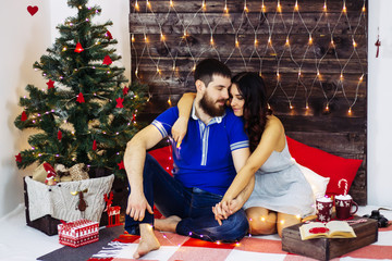 Cozy home new year party. couple happy together celebrate Merry Christmas