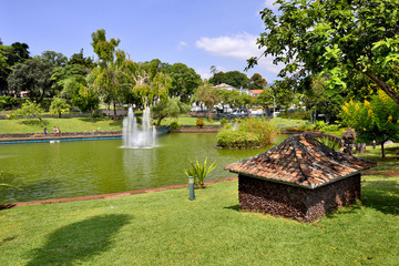 Tropical Santa Catarina park with pond and fountains, Funchal, Madeira Island, Portugal