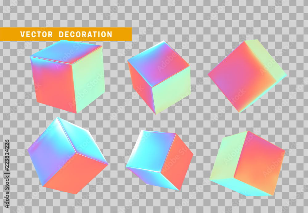 Poster design element set in shape of 3d cubes bright neon color. square isolated with transparent backgrou