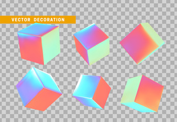 Design element set in shape of 3d cubes bright neon color. Square isolated with transparent background