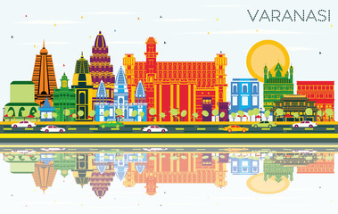 Obraz premium Varanasi India City Skyline with Color Buildings, Blue Sky and Reflections.