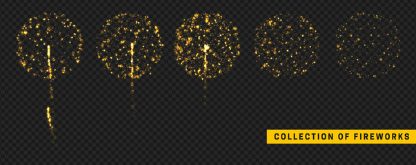 Set festive fireworks isolated on transparent background.