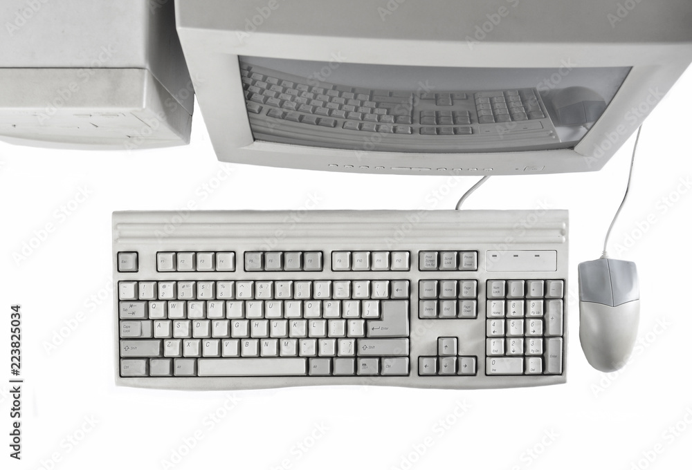 Poster retro stationary computer isolated on white background monitor, system unit, computer mouse. obsolet