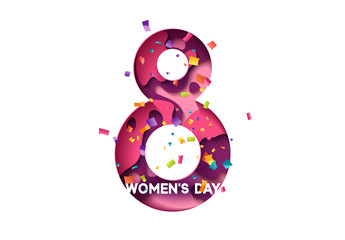 Happy Womens Day, March 8 greeting card. Design letter modern style papercut multi color layers