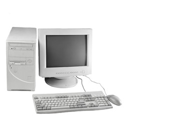 Retro stationary computer isolated on white background. Monitor, system unit, computer mouse....