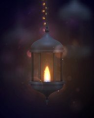 Vintage dark blue lantern with a burning realistic fire