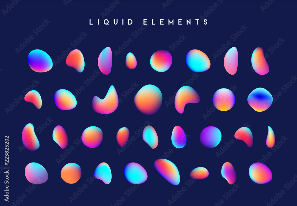 Poster gradient iridescent shapes. set isolated liquid elements of holographic chameleon design palette of 