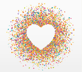 Colorful celebration background with confetti. Heart for text.
