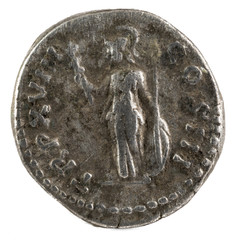 Ancient Roman silver denarius coin of Emperor Marcus Aurelius. Reverse.