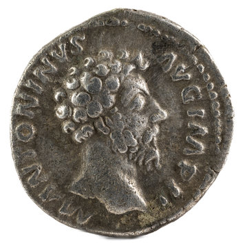 Ancient Roman silver denarius coin of Emperor Marcus Aurelius. Obverse.