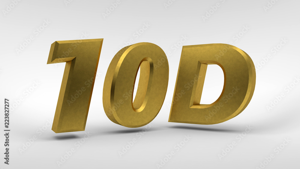 Poster gold 10d logo isolated on white background with reflection effect. 3d rendering.