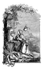 Traveler friar prays knelt down in front of a small rural chapel, typographic chapter heading with letter A, old print