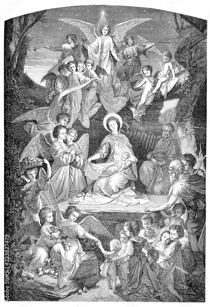 Wall mural Holy night, nativity, Holy Mary, Joseph and Jesus child with angels, vintage engraving