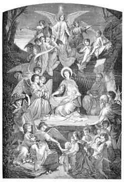Holy night, nativity, Holy Mary, Joseph and Jesus child with angels, vintage engraving