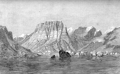 Greenland Franz joseph Fiord with the Teufelschloss (devil's castle) mountain rising from the waters of the Greenland sea © acrogame