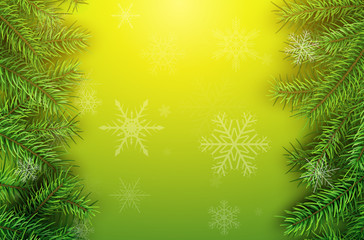 Fototapeta na wymiar Christmas green background with fir branches and snowflakes