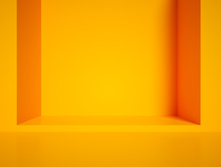 Yellow empty room background, minimalistic podium scene, product backdrop. 3d render