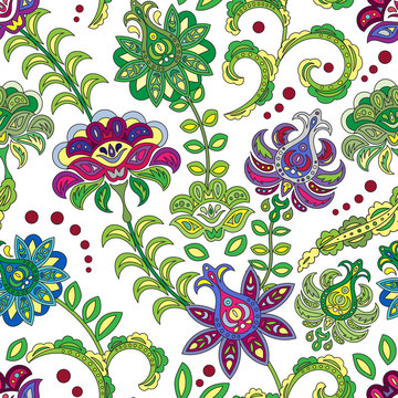 Hand drawn flower seamless pattern. Colorful seamless pattern with fantasy flowers and leaves. Doodle style. Perfect for textile, cover design.