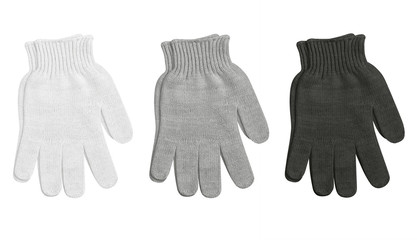 set of knitted winter gloves, black, gray, white, isolated on white background, close-up, mens...