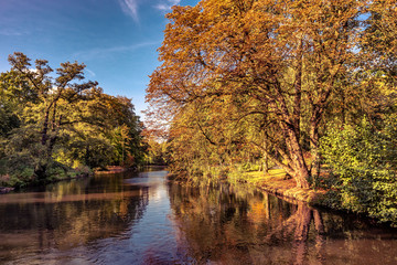 Obraz premium Spiegelung bunte Bäume am See im Herbst