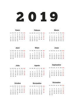 2019 year simple calendar in spanish, a4 vertical sheet isolated on white