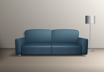 Vector interior illustration. Modern sofa furniture with lamp template elements on the floor