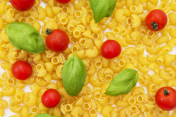 Italian flag with natural ingredients, Italian pasta, basil and tomatoes
