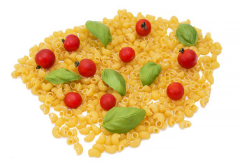 Italian flag with natural ingredients, Italian pasta, basil and tomatoes
