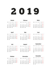 2019 year simple calendar on german language, a4 vertical sheet isolated on white